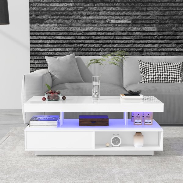 Table Basse Blanc Table De Salon Brillant Table Basse Verre Avec 4 Inserts En Verre, 2 Tiroirs Et 2 Compartiments Ouverts, Blanc Aosom France-image