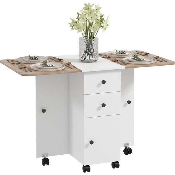 HOMCOM Multi-Storage Six-Person Drop Leaf Dining Table - Oak and White | Aosom Ireland