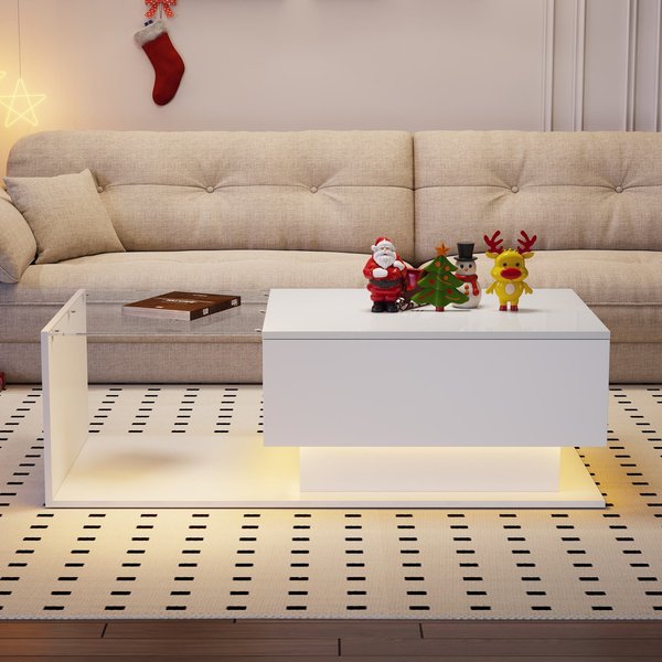 Couchtisch weiß hochglanz Glasplatte LED moderner Stil mit Schublade Hochglanzweißer Tisch 32cm Höhe, Robuste Konstruktion, 100 x 50 x 32cm Aosom.de