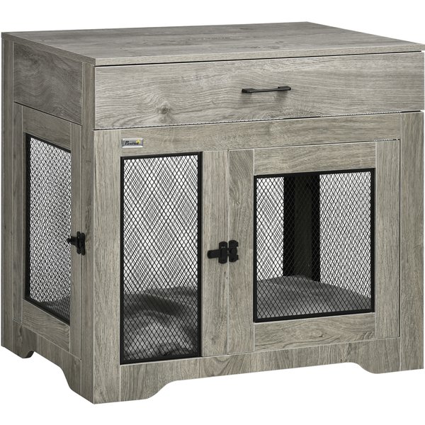 PawHut Indoor Use Dog Crate Furniture with Cushion, Double Doors Pet Kennel End Table with Drawer for Medium Dogs, Grey | Aosom Ireland