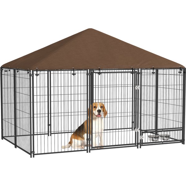 PawHut Outdoor Dog Kennel Puppy Play Pen with Canopy Garden Playpen Fence Crate Enclosure Cage Rotating Bowl 211 x 141 x 151 cm | Aosom Ireland
