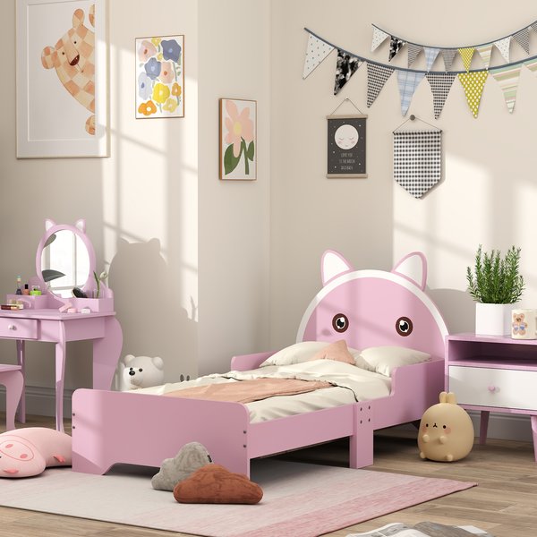 ZONEKIZ Bed for Kids Cat Design Toddler Bed Frame Bedroom Furniture with Guardrails, for 3-6 Years, 143L x 74W x 72Hcm - Pink | Aosom Ireland