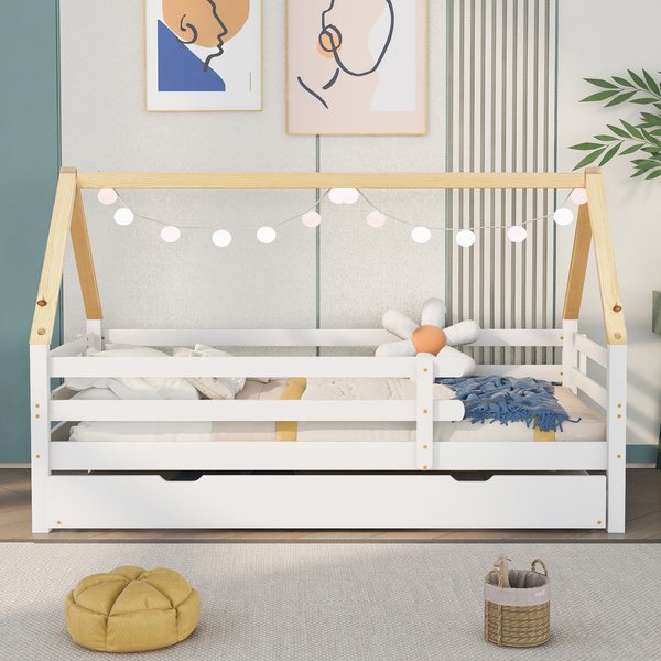 Lit Cabane Lit En Cabane Avec Lit Gigogne Et Roulettes, Lit Cabane 90X190 Sans Matelas, 90X200 & 90X190 Cm, Blanc Aosom France-image