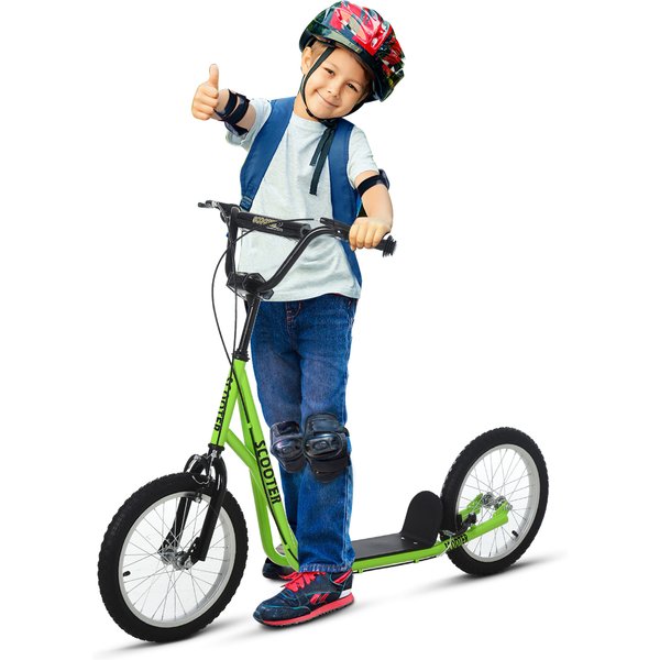 HOMCOM Roller Scooter, Kinderroller, Tretroller ab 5 Jahre, Kinder Kickboard mit Luftreifen und Handbremse, 16 Zoll, Grün, 139 x 58 x 90-96 cm Aosom