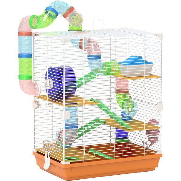 PawHut 5 Tier Hamster Cage Carrier Habitat w/ Exercise Wheels, Tunnel, Orange | Aosom Ireland
