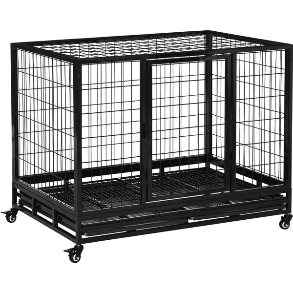 PawHut 43" Heavy Duty Metal Dog Kennel Pet Cage with Crate Tray and Wheels - Black (Large) | Aosom Ireland