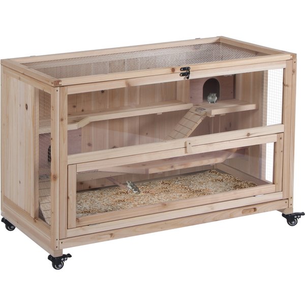 PawHut Wooden Hamster Cage, Mice Rodent Small Animals Kit Hutch, 3 Tiers Exercise Play House, with Wheels, Bottom Tray, 99 x 50 x 69 cm, Natural Wood | Aosom Ireland