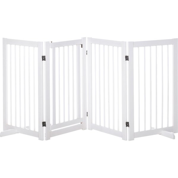 PawHut Absperrgitter Hund 4-teilig, 220 x 91 cm Faltbar Türschutzgitter mit Tür, Freistehend Hundegitter mit 2 Stützfüßen, Treppengitter aus Holz für Flur, Küche, Treppe, Weiß Aosom
