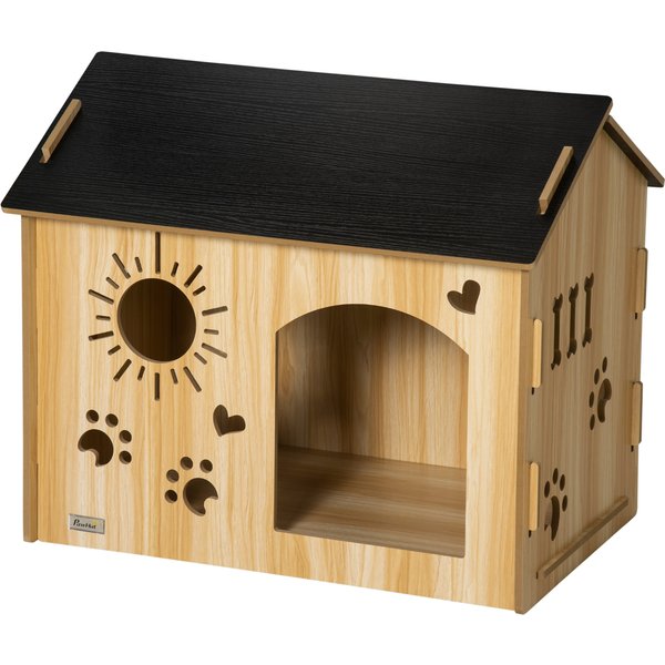 Pawhut Niche Pour Chien, Avec Ouvertures De Ventilation, RéSistant Aux IntempéRies, MatéRiau En Bois, Noir+ChêNe, 69 X 50 X 58,5 Cm-image
