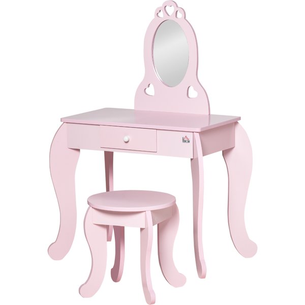 HOMCOM Kinder-Frisierkommode Mädchenhaftes Design mit Herzchenmotiven - Inkl. Hocker - Maße 60L x 36B x 88H cm - Schublade, Spiegel - MDF - Rosa Aosom