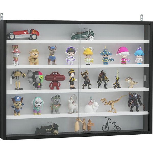 HOMCOM Vitrine für Sammlerstücke Wandvitrine 80 x 9,5 x 60 cm mit 4 verstellbaren Regalen und 2 Glasschiebetüren, für Sammlungen von Figurinen und Miniaturautos, Schwarz Aosom