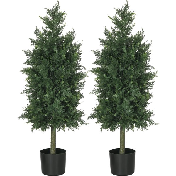 HOMCOM Set von 2 künstlichen Zedernbäumen für den Innen- und Außenbereich mit Topf, Höhe 90 cm, Nadelbaum, 38L x 12,5B x 90H cm grün Aosom