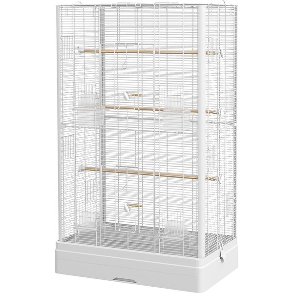 PawHut Vogelkäfig, Voliere mit Türen, Sitzstangen - Käfig für Kanarienvögel Wellensittiche Papageien - 61 x 36,5 x 98 cm - weiß Aosom