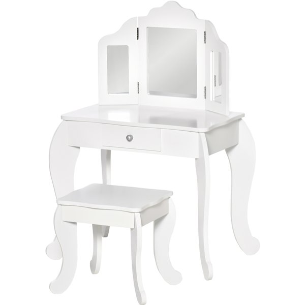 HOMCOM Kinderschminktisch mit Hocker, dreiteiligem Spiegel und ausziehbarer Schublade - Schminktisch Maße 63L x 40B x 85,5H cm - Weiß Acryl Aosom