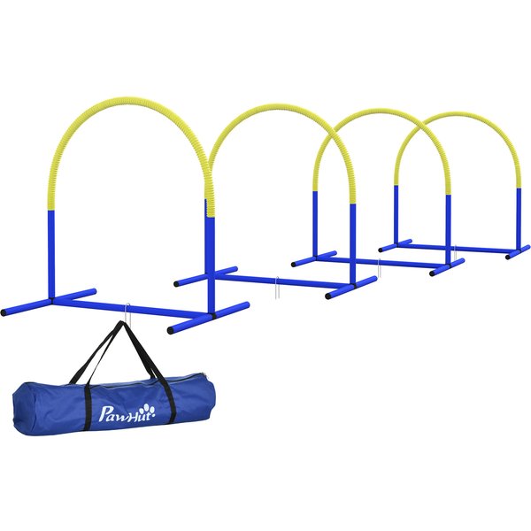 Pawhut Ensemble D'agilité Pour Chiens, EntraîNement Canin, 4 Arcs, Pour DéButants, Avec Sac De Transport, Bleu+Jaune, 88 X 64 X 95Cm-image