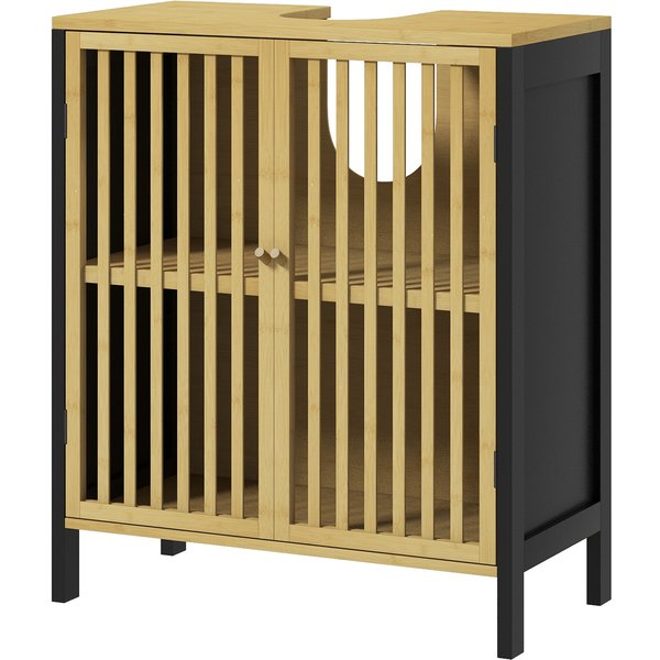HOMCOM Waschbeckenunterschrank Badezimmermöbel 2 Türen mit höhenverstellbarem Regal Aufbewahrungsschrank für Waschbecken 60 x 30 x 70 cm aus schwarzem Bambus und Naturholz Aosom