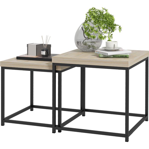HOMCOM Set aus 2 ineinander stapelbaren Couchtischen quadratische Beistelltische Wohnzimmertische mit Stahlrahmen und hellen Holzplatten Aosom