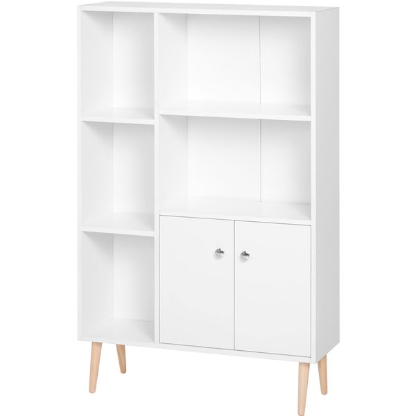 HOMCOM Skandinavisches Bücherregal mit Abmessungen 80L x 23,5B x 123H cm, 5 Nischen, Schrank, 2 Türen, schräge massive Holzfüße, Spanplatten in Weiß Aosom
