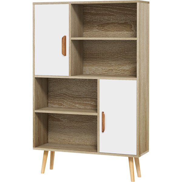 HOMCOM Skandinavisches Bücherregal 4 Nischen + 2 Schranktüren mit verstellbarem Regalboden 80L x 24B x 123H cm Schlanke, geneigte Füße aus massivem Kiefernholz Eiche Aosom