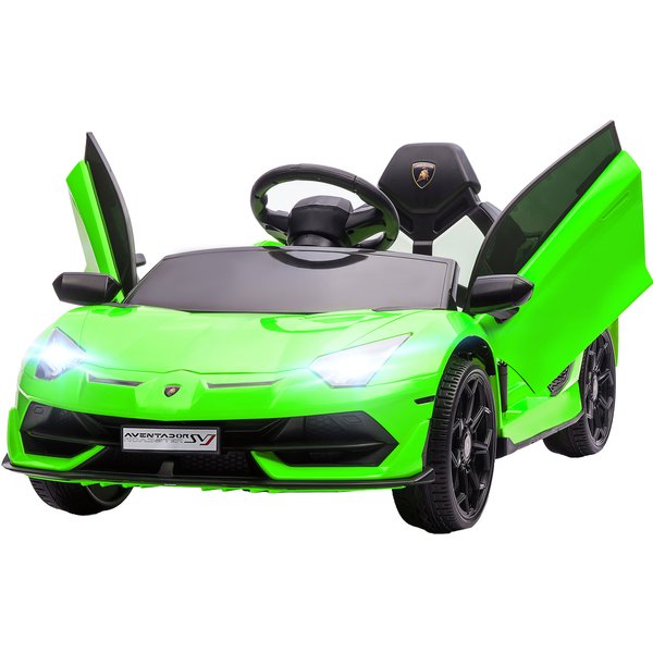 HOMCOM Elektroauto für Kinder, offizielle Lizenz Lamborghini Aventador SVJ, 12V mit Flügeltüren, LED-Fernbedienung, Musik, USB, Geschwindigkeit 3-5 Km/H, grün Aosom