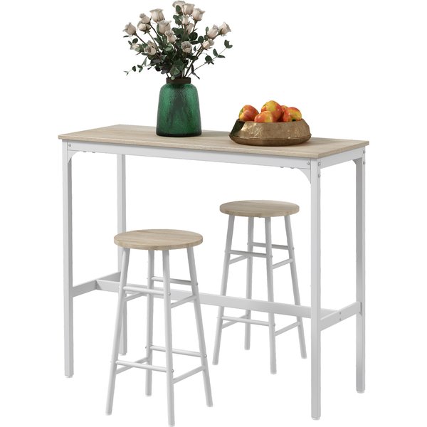 HOMCOM Set Barhochtisch Bistro + 2 Hocker mit Fußstützen Stehtisch Stahlgestell Industriedesign Hoch Küche Naturholzoptik Weiß Aosom