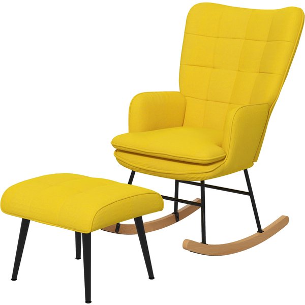 Homcom Rocking-Chair Avec Repose-Pied En Design Scandinave Rocking-Chair Avec Pouf, Bois De HêTre, Rembourrage, 64 Cm X 89 Cm X 90 Cm Jaune-image