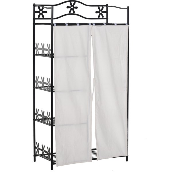 HOMCOM Kleiderschrank Multistauraum 5 Regale 84L x 42B x 159H cm Metall Schwarz Blumenmuster 2 Weiße Vorhänge Aosom