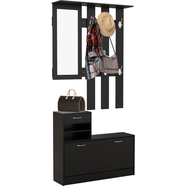 HOMCOM 3-in-1 Eingangsmöbel-Set Garderobe mit Mantelhaken, Spiegel und Schuhschrank - 6 Haken und verstellbares Regal, schwarz Aosom