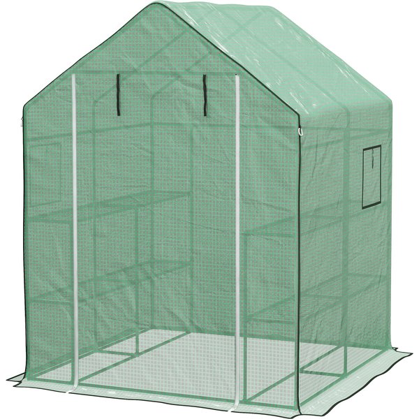 Outsunny Gewächshaus Tomaten-Gewächshaus mit 1 Tür, 1 Fenster, 3-stufige Regale für Gemüse Pflanzen Blumen PE Plane 140 x 143 x 190 cm Grün Aosom