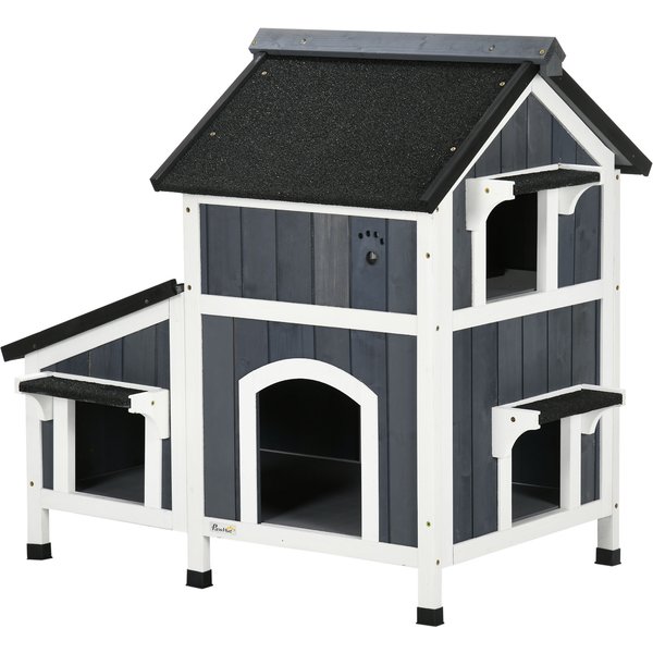 Pawhut Maison Pour Chats ExtéRieure, Deux éTages, Plancher SuréLevé, Bois Naturel, Toit En Asphalte, Gris, 96 X 65 X 85,5 Cm-image