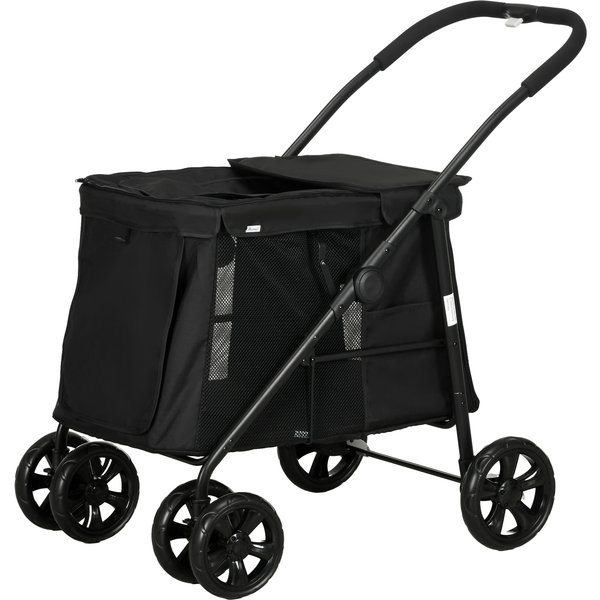 Pawhut Poussette Pour Chiens Incl. Coussin, 3 Poches LatéRales, Pliable, Chariot Pour Chiens, 102 Cm X 62 Cm X 105 Cm, Noir-image