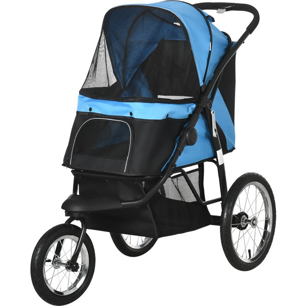 Pawhut Poussette Pour Chien, Pliable, Protection Solaire, FenêTre En Filet, Panier De Rangement, Bleu, 111 X 58 X 107 Cm-image