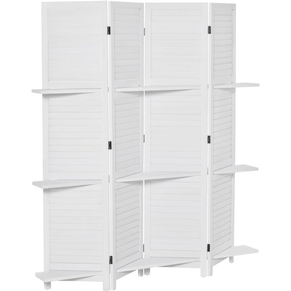 HOMCOM Innenraum-Paravent 4 Paneele 160L x 170H cm 3 Regale Faltbarer Raumteiler Jalousietüren Paulownia-Holz Weiß Aosom