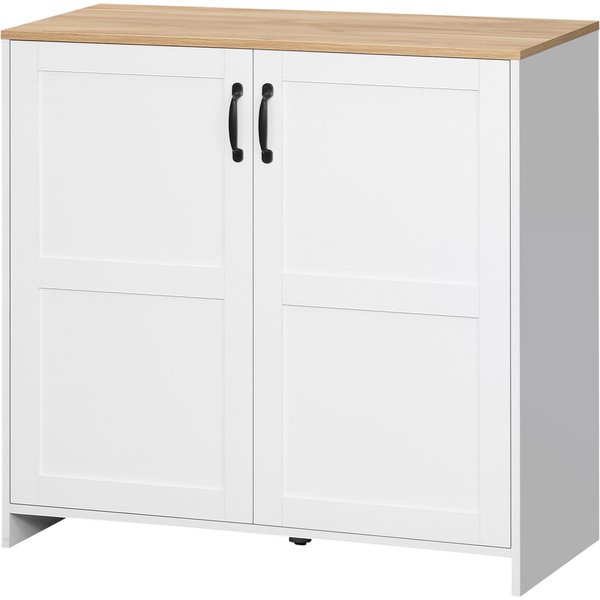 HOMCOM Schrank Aufbewahrung Buffet Küche mit 2 Türen und 2 verstellbaren Regalen - Weiß und Holzoptik - 90 x 39,5 x 88 cm Aosom