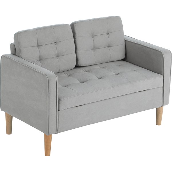 Homcom Canapé 2 Places Avec Espace De Rangement, Capitonnage, Coussin, Bois De Caoutchouc, 117 X 62 X 78 Cm, Gris Clair-image