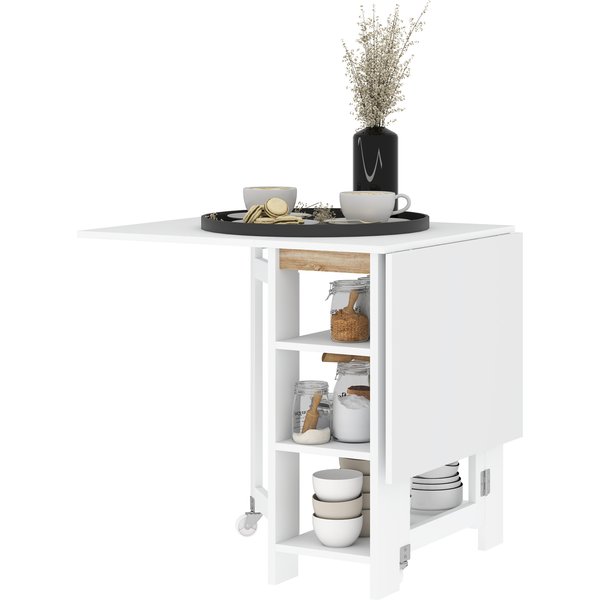 HOMCOM Klappbarer Esstisch, zusammenklappbarer Küchentisch, auf Rollen, mit 2 Klappen und 3 Regalen, modernes Design, Küchentisch für kleine Räume, 120 x 60 x 75 cm, weiß Aosom