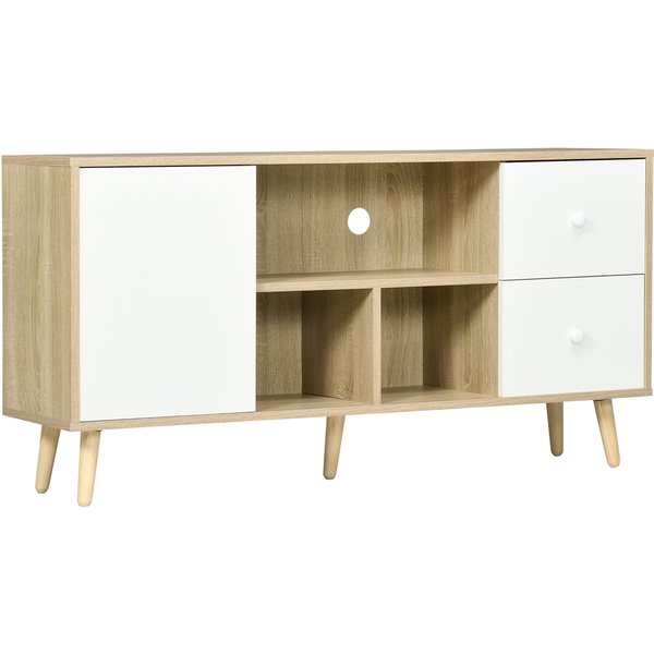 HOMCOM TV-Schrank Fernsehtisch für Fernseher bis zu 45 Zoll Massivholzbeine Skandinavischer Stil 3 Fächer 1 Schrank mit Tür und 2 Schubladen 120 x 30 x 60 cm Aosom