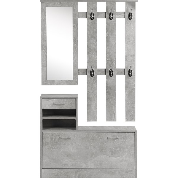 HOMCOM 3-in-1 Eingangsmöbel-Set Garderobe mit Garderobenpaneel, Spiegel und Schuhschrank - 6 Haken und verstellbares Regal, Betoneffekt Grau Aosom