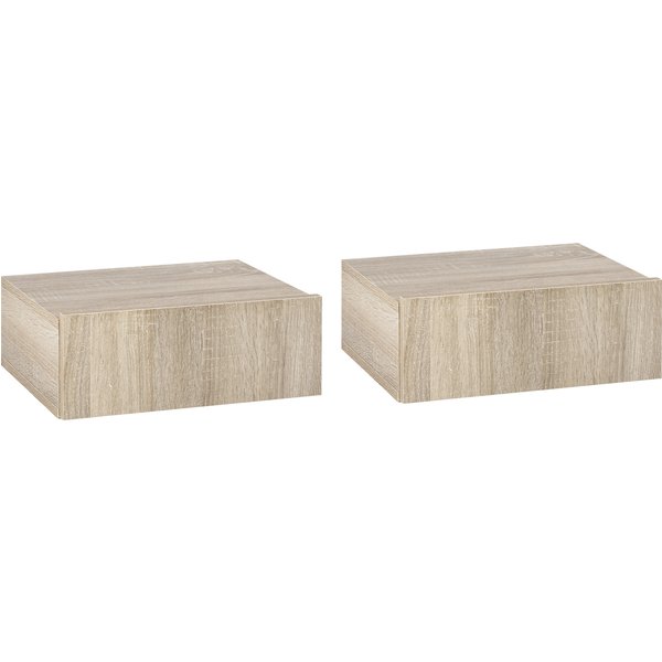 HOMCOM Set von 2 Wand-Nachttischen - Set von 2 Nachttischen - Schublade, Tablett - Spanplatten Eichenoptik Aosom