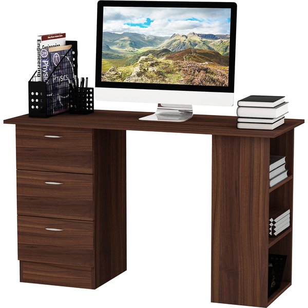 HOMCOM Computertisch Multifunktionstisch 3 Schubladen 2 Regale Maße 120L x 49B x 72H cm MDF Walnuss-Optik Aosom