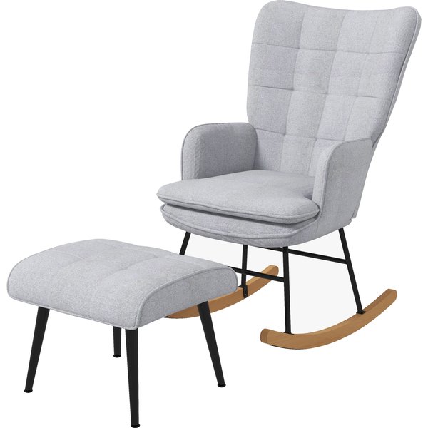 Homcom Fauteuil à Bascule Avec Ottomane Design Scandinave Fauteuil à Bascule Avec Repose-Pieds, Bois De HêTre, Capitonné, 64 Cm X 89 Cm X 90 Cm Gris-image