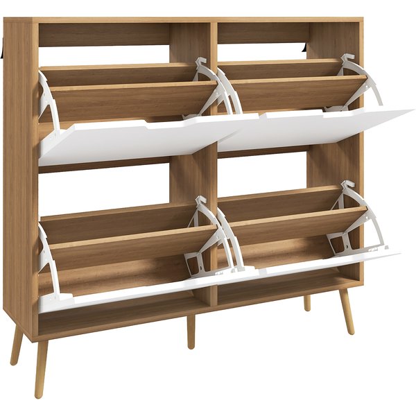 HOMCOM Schuhschrank 4 Klappen, Schuhablage 16 Paare, mit verstellbarem Regal, massiven Kieferfüßen, Schuhaufbewahrung, großer Kapazität für Flur, Eingang, 95 x 26 x 95 cm, Natur Aosom