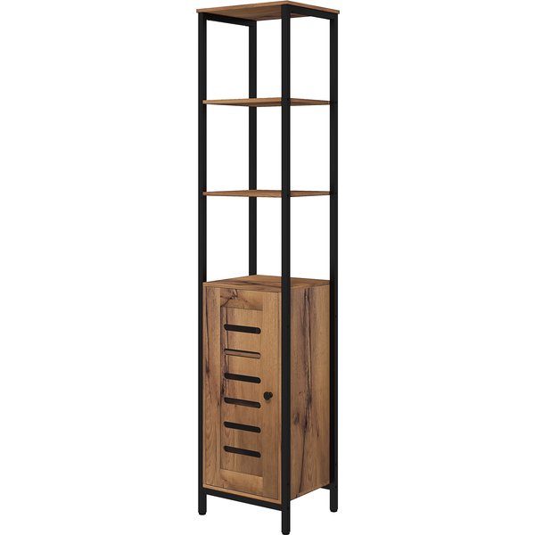 Kleankin Badezimmerschrank, hoher Toilettenschrank, industrielles Design, mit 3 offenen Regalen, Lamellentür und verstellbaren Regalen, rustikales Braun Aosom