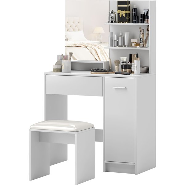 HOMCOM Frisiertisch-Set Schminktisch mit Spiegel und Hocker, Schublade, Aufbewahrungsschrank und verstellbarem Regal für Schlafzimmer, 80l x 40T x 132H cm, weiß Aosom