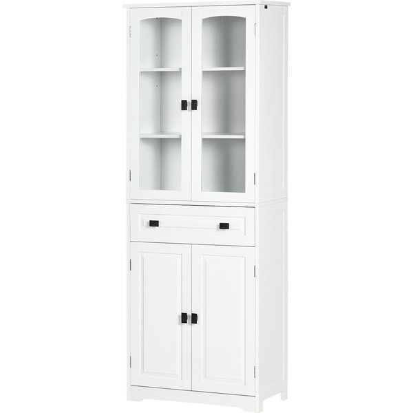 HOMCOM Küchenschrank Buffet hoch 4 Türen davon 2 Glastüren und 1 Schublade Höhe 160 cm mit Regalen - aus Holz - Weiß Aosom