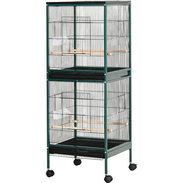 PawHut Großer Vogelkafig auf Standfuß - Doppelvoliere mit Futternäpfen Holzsitzstangen herausziehbares Tablett - Rollen - 51,5 x 50 x 140 cm grün schwarz Aosom