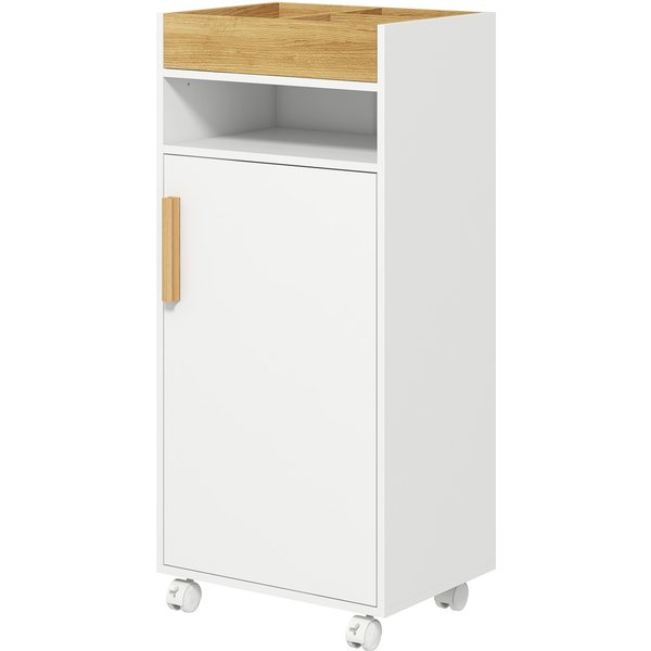 kleankin Badezimmerschrank auf Rollen mit 2 verstellbaren Regalen, abnehmbarer Platte, Nische und Schrank mit 1 Tür 40 x 30 x 88 cm weiß natur Aosom