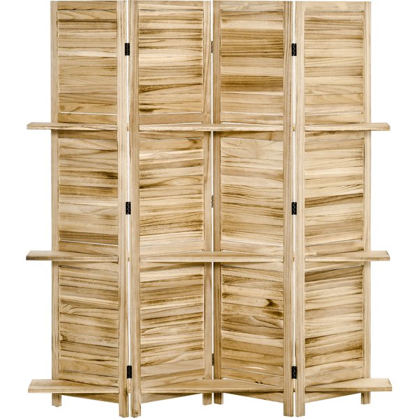 HOMCOM Innenraum-Paravent 4 Panels 162 B x 170 H cm 3 Regale faltbarer Raumteiler Lamellentüren Paulownia-Holz Kiefernautoklav-Optik Aosom