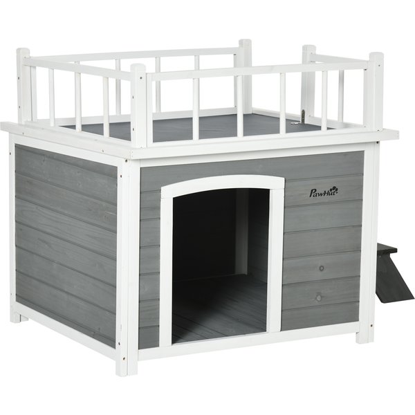Pawhut Chenil Pour Chiens, Terrasse Sur Le Toit, Escalier, FenêTre, Distance Au Sol, Bois Naturel, Gris Clair, 121 X 77 X 78 Cm-image