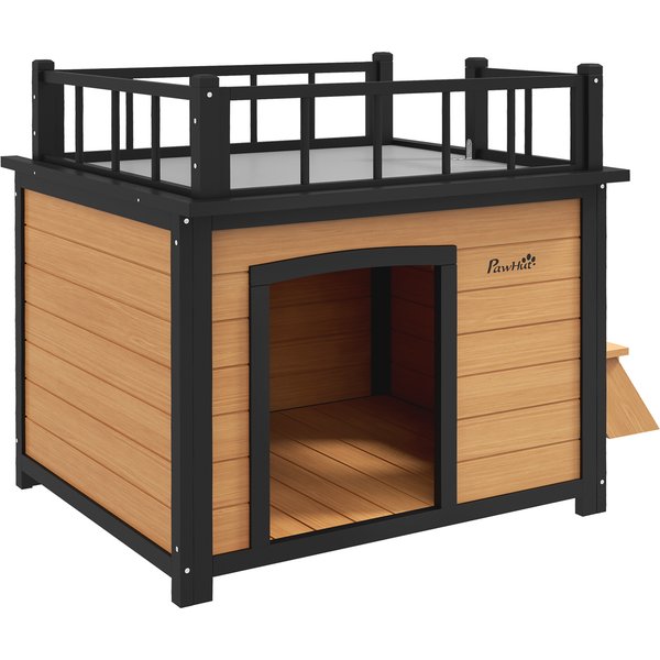 Pawhut Niche Pour Chien Avec Terrasse Sur Le Toit, RéSistante Aux IntempéRies, Bois, 121X77X78Cm, Noir/Jaune-image